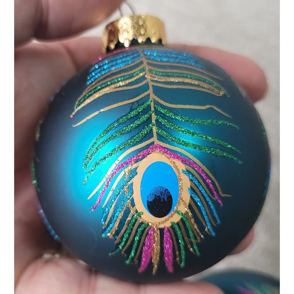 4pc Peacock Feather Glass Christmas Ornaments Teal Blue Green Glitter Set